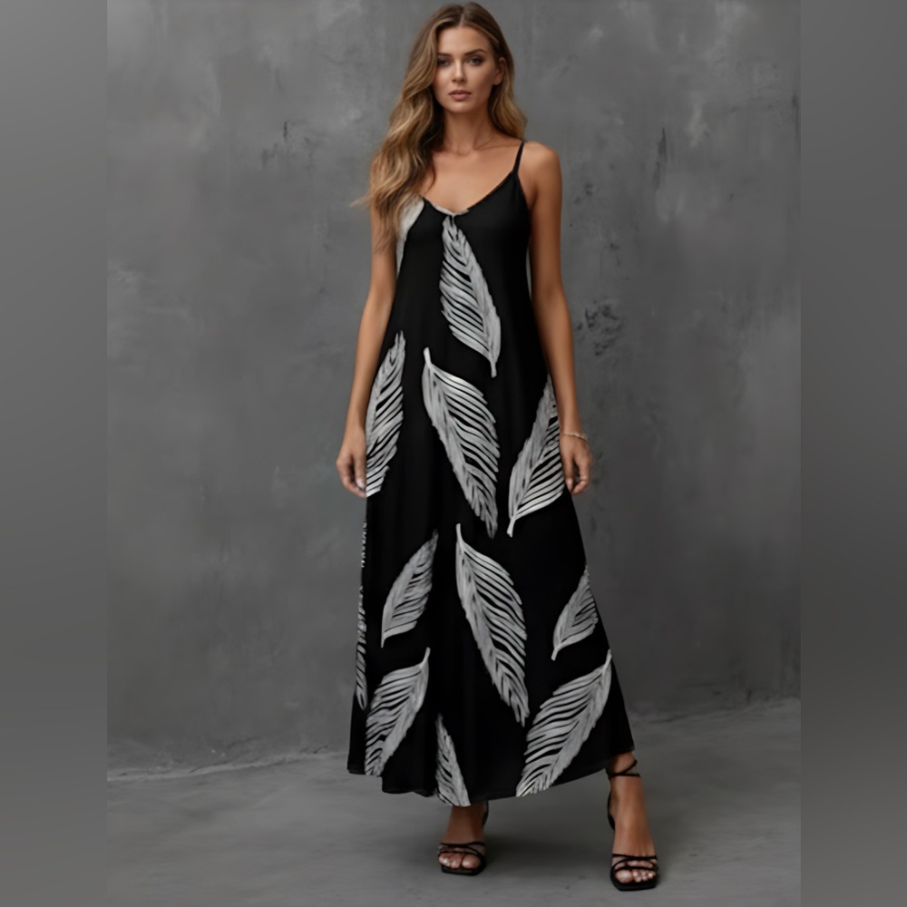 Boho Leaf Print Sleeveless Maxi Dress Black - Picture 4 of 9